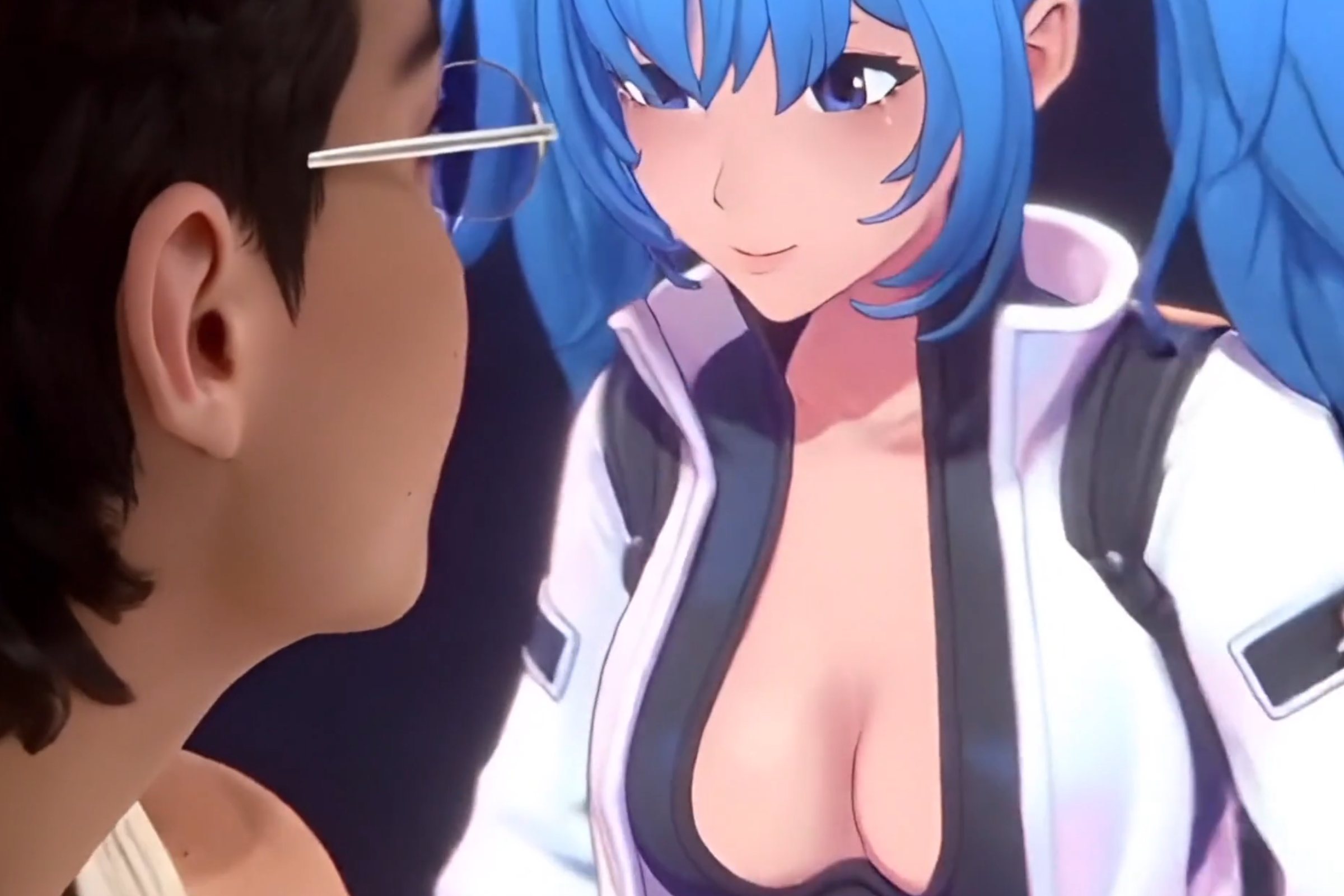 Video still: a person with round glasses faces a blue-haired anime-style AI companion avatar